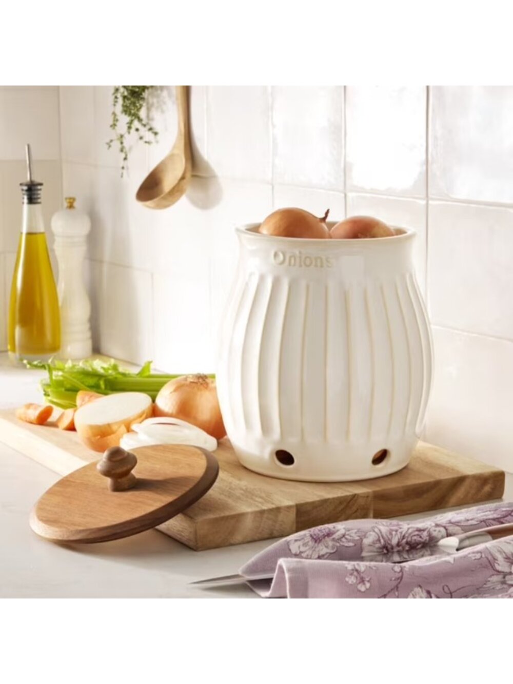 The Woman Pioneer Home White Kitchen Collection Stoneware Onion Keeper Colette